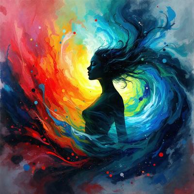 The primary subject of the image is a woman with long hair, who is the focal point of the scene. She is surrounded by a vibrant and colorful background, which includes a mix of red, blue, green, and yellow hues. The visual style of the image is a combination of digital art and illustration, creating a dynamic and artistic representation of the woman. The overall atmosphere of the image is lively and energetic, with the woman's hair flowing and the colors creating a sense of movement and